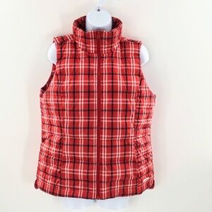 Lands End Womens Down Puffer Vest Red Plaid Full Zip Lightweight 600 Fill Sz S